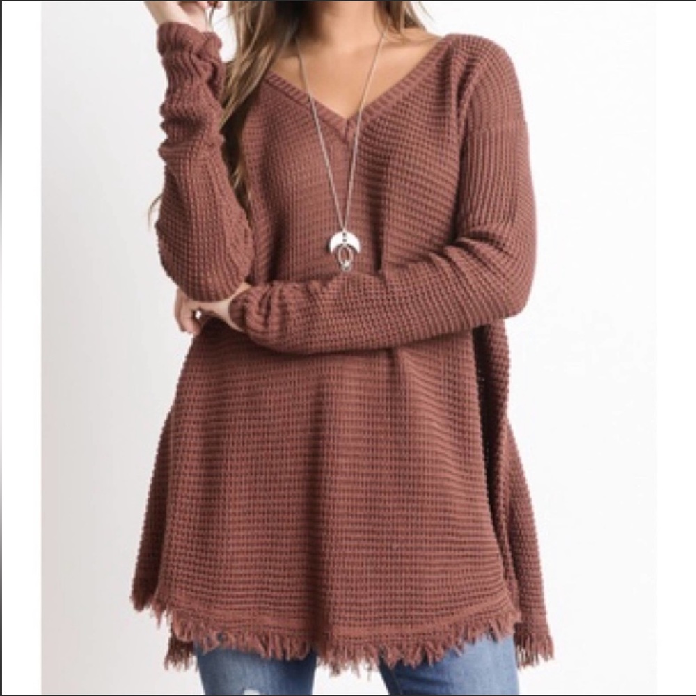 WISHLIST V-Neck Fringe Hem Sweater